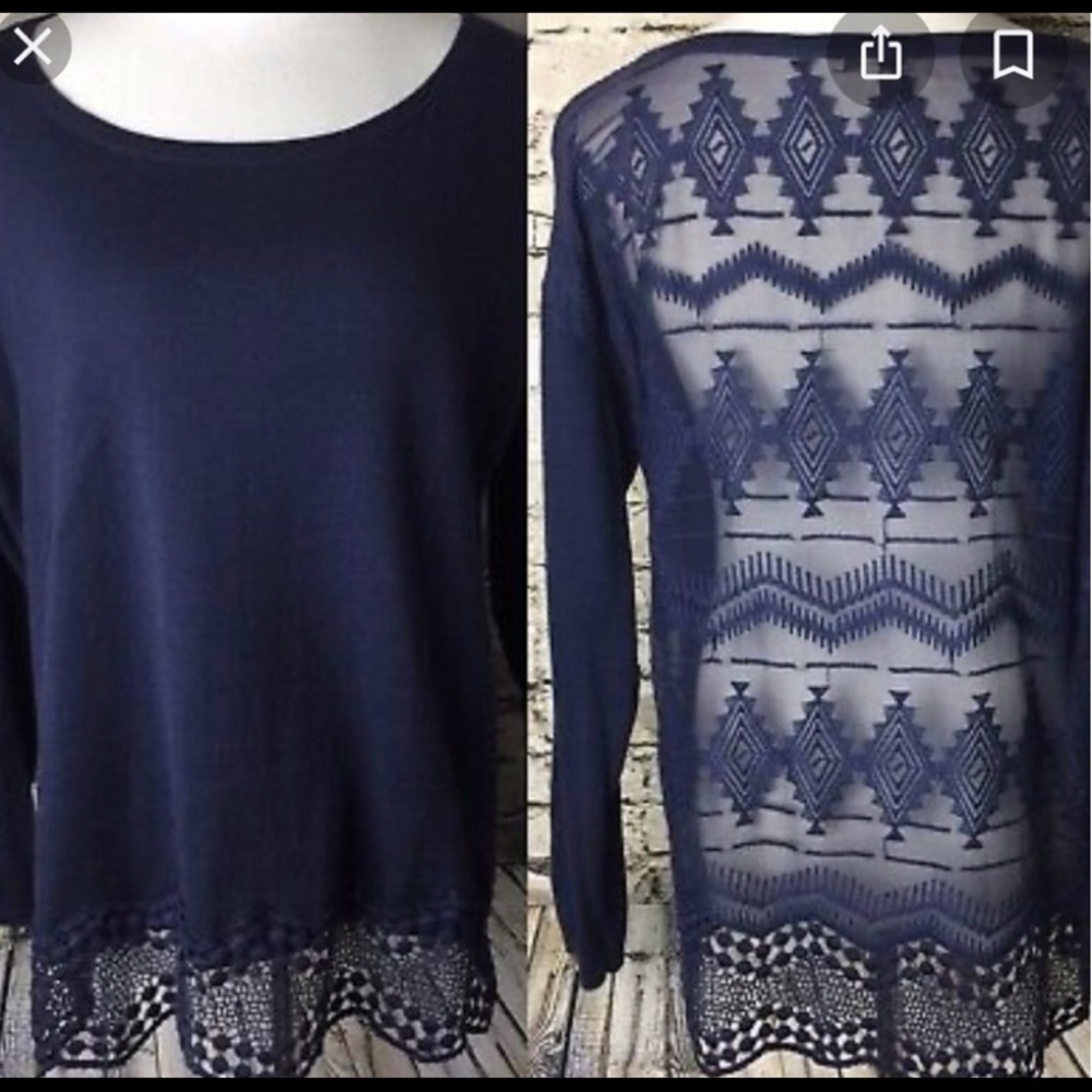 Joie Lace Silk Sheer Back Cotton Top Size S Navy
